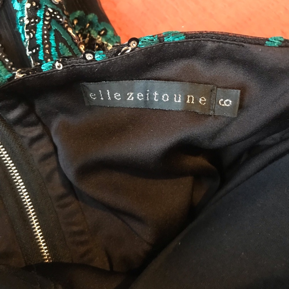 Elle Zeitoune Midi Beaded Evening Dress with Fringe Blue Green Black Gown Size 6 - Picture 5 of 6